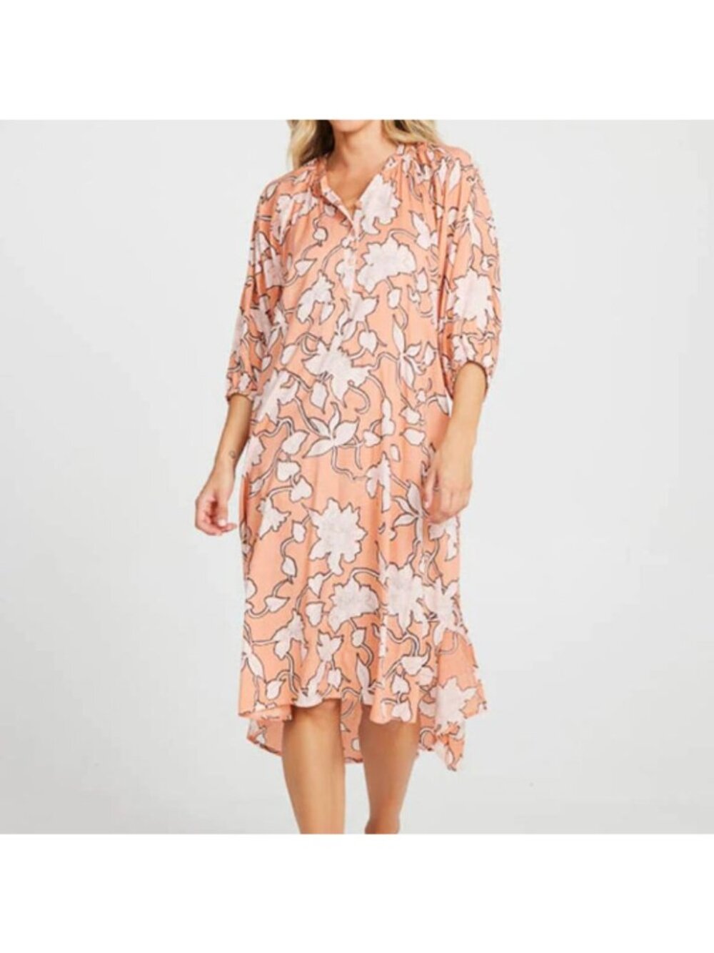 NWT Holiday Womens Orange Printed 3/4 Sleeve Split Neck Midi Sundress Size XS